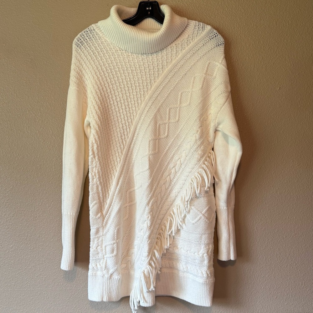 Chico’s turtleneck fringe cable knit long sweater